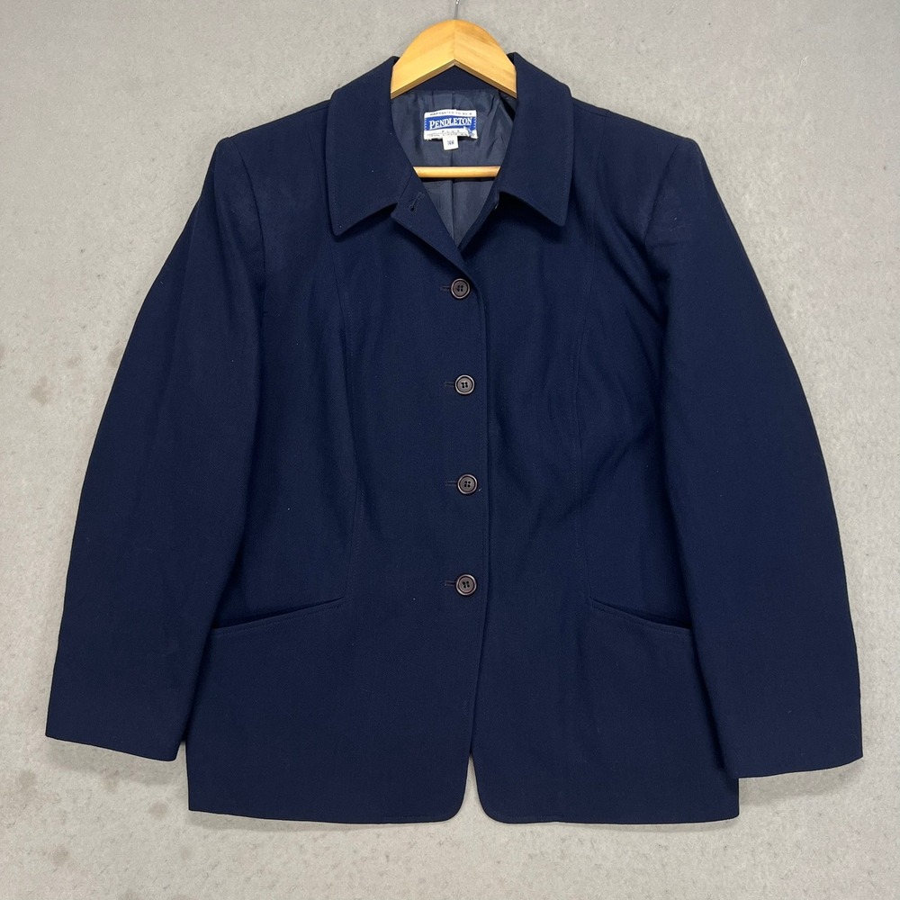 Pendleton Navy Blue Virgin Wool Blazer Jacket Plus Size 14W USA Vintage 2000s